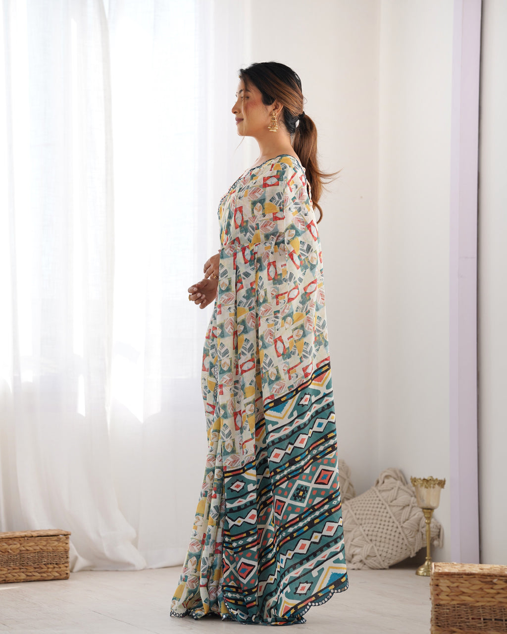Jyoti Fashion Women's Multicolor Chinon Print with Mirror Work Designer Saree with Blouse