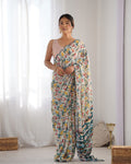 Jyoti Fashion Women's Multicolor Chinon Print with Mirror Work Designer Saree with Blouse