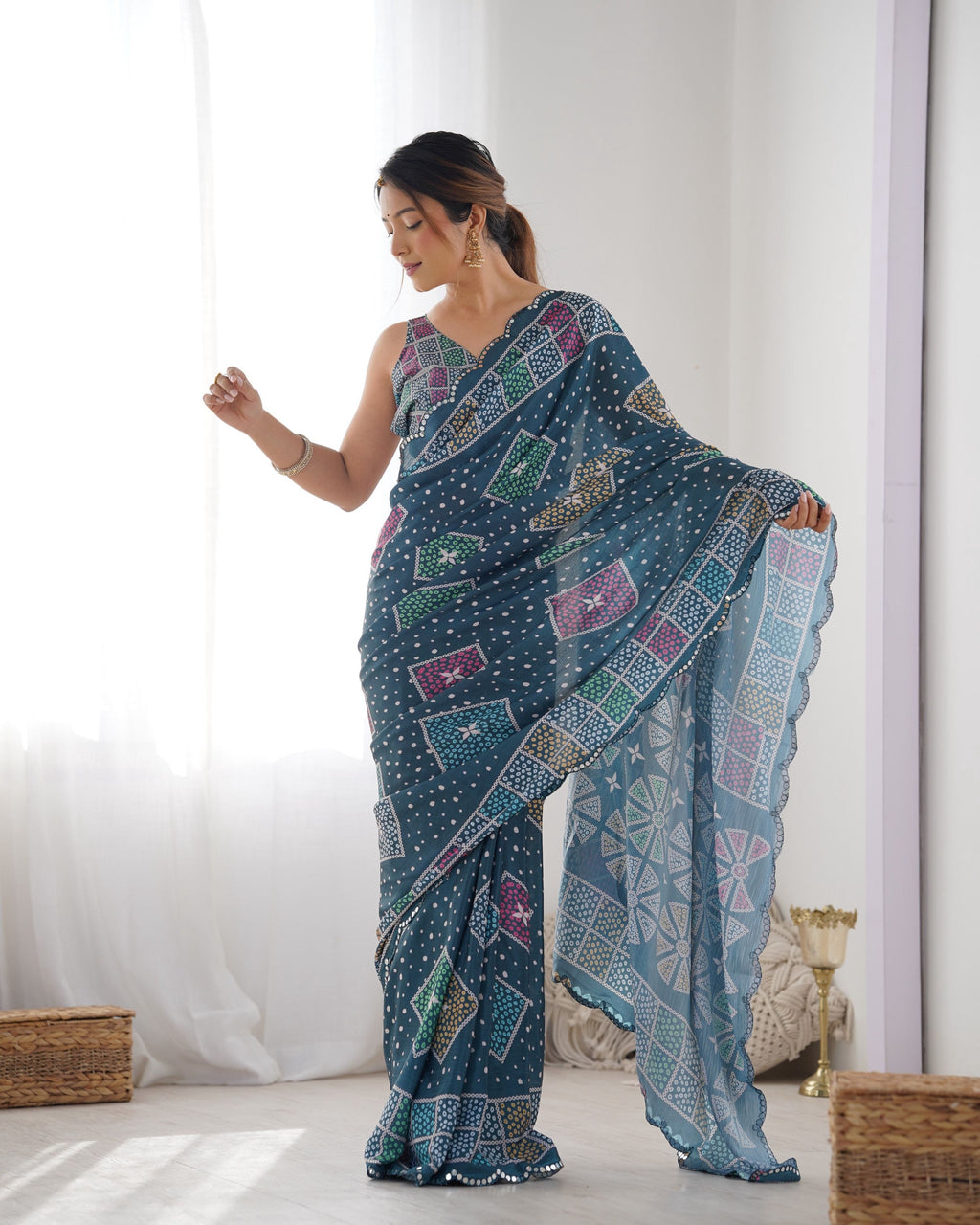 Jyoti Fashion Women's Multicolor Chinon Print with Mirror Work Designer Saree with Blouse