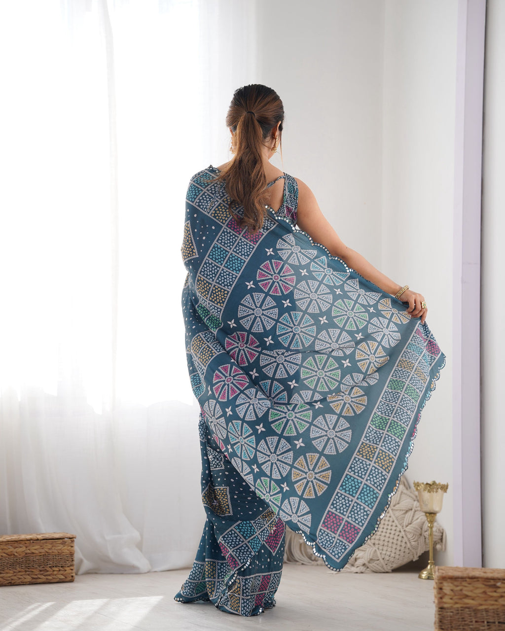 Jyoti Fashion Women's Multicolor Chinon Print with Mirror Work Designer Saree with Blouse