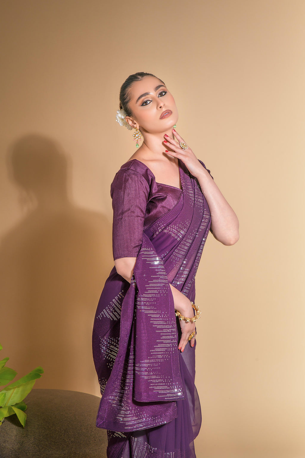 Jyoti Fashion Women's Wine Georgette Sequins Embroidered Designer Saree with Blouse