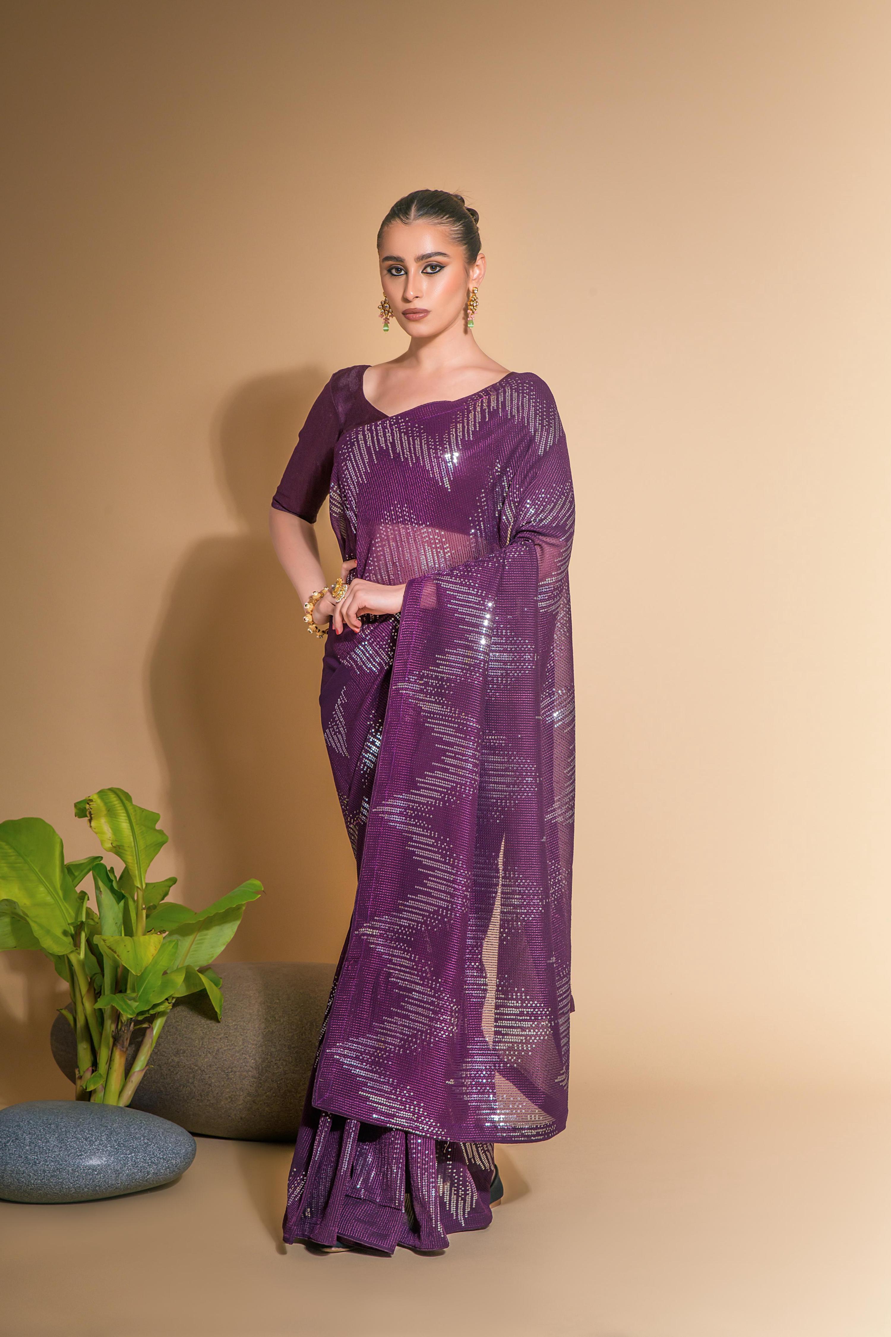 Jyoti Fashion Women's Wine Georgette Sequins Embroidered Designer Saree with Blouse