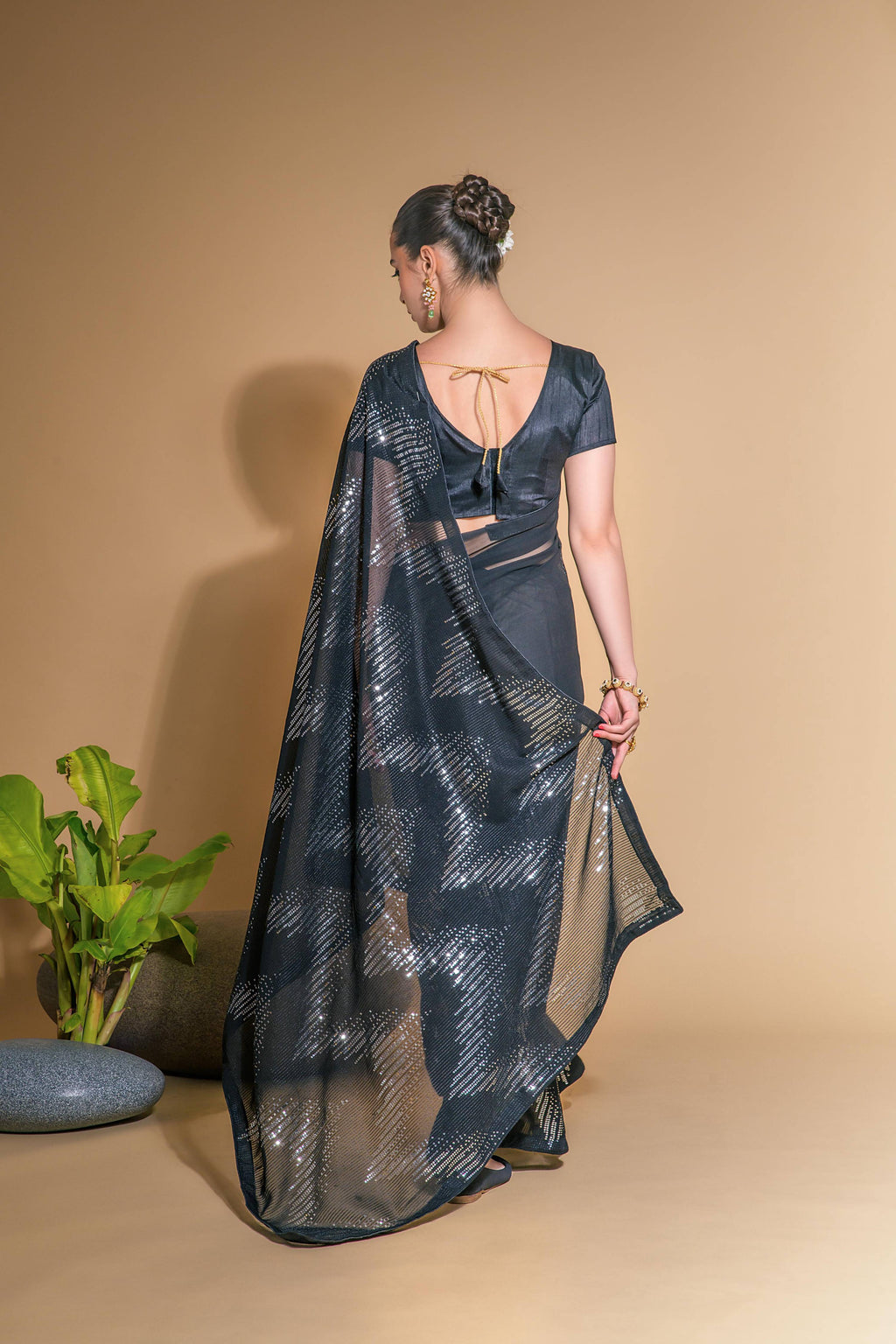 Jyoti Fashion Women's Black Georgette Sequins Embroidered Designer Saree with Blouse