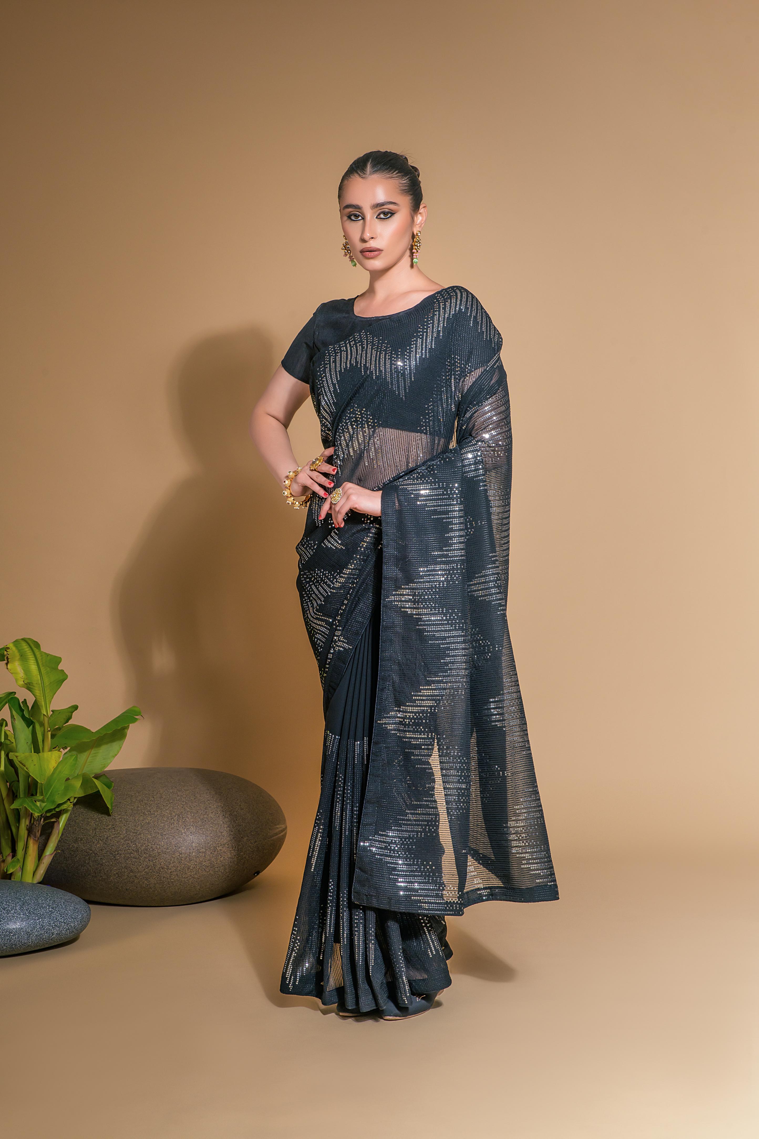 Jyoti Fashion Women's Black Georgette Sequins Embroidered Designer Saree with Blouse