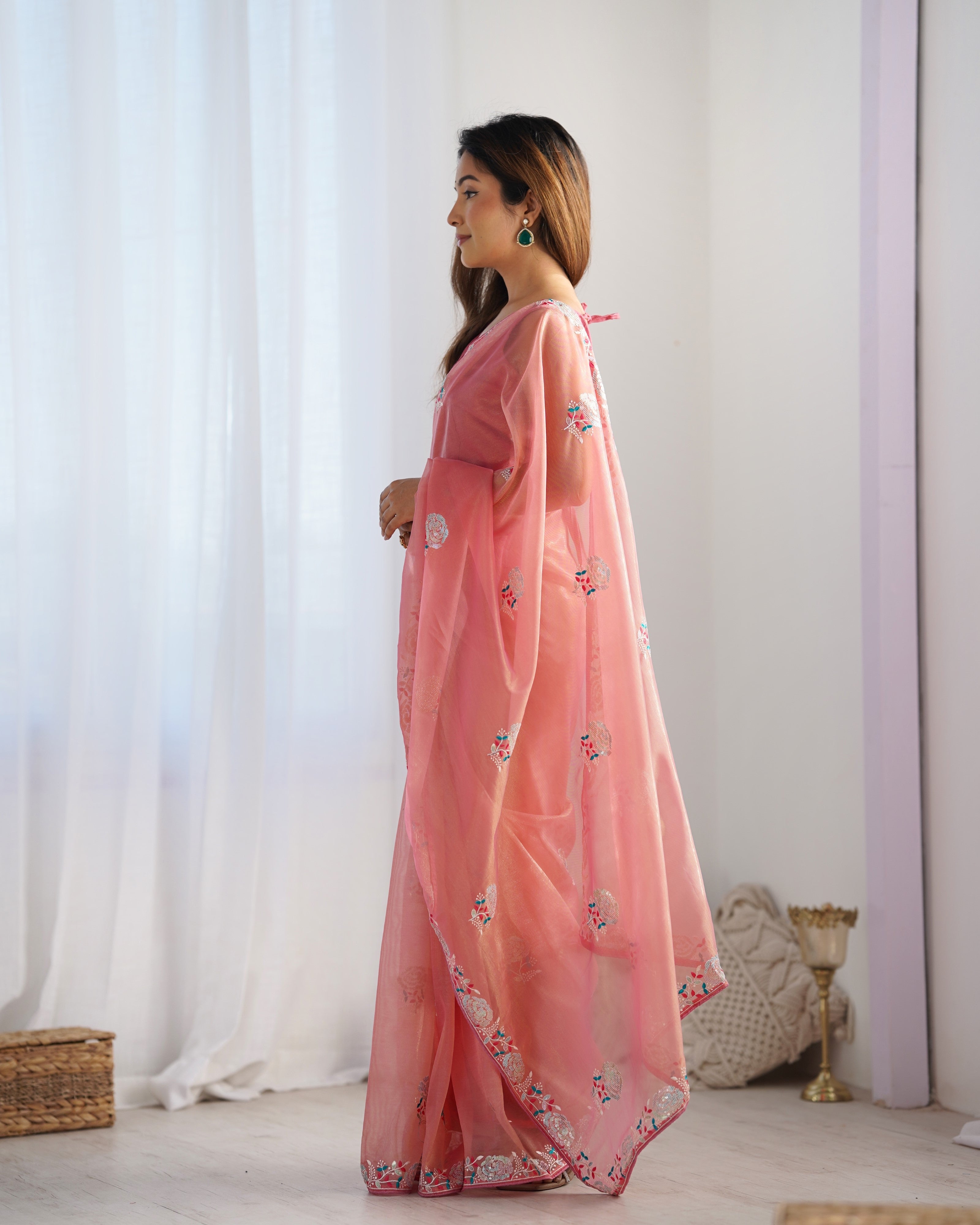Jyoti Fashion Women's Peach Net Sequins Embroidered Designer Saree with Blouse