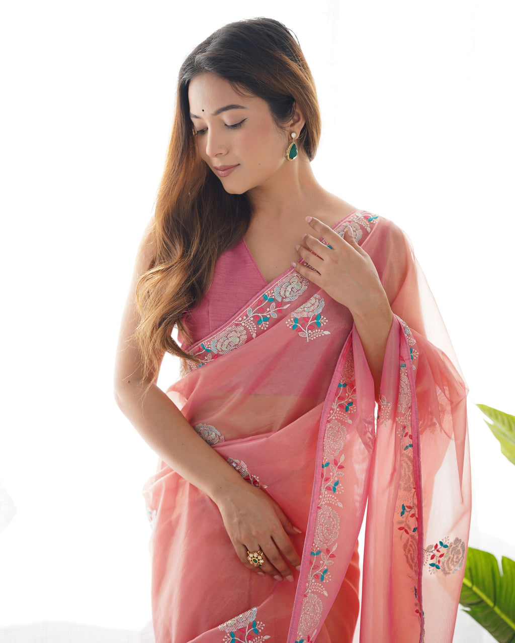 Jyoti Fashion Women's Peach Net Sequins Embroidered Designer Saree with Blouse
