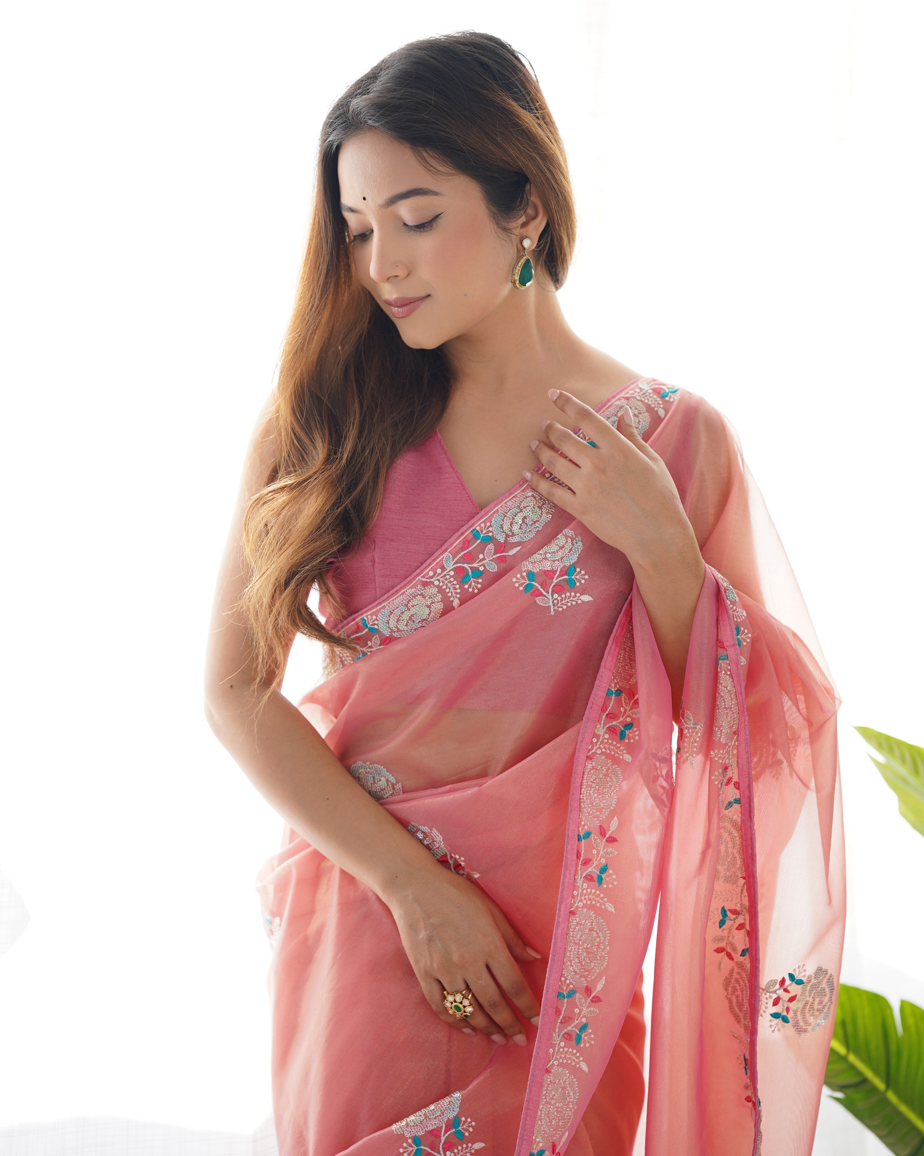 Jyoti Fashion Women's Peach Net Sequins Embroidered Designer Saree with Blouse