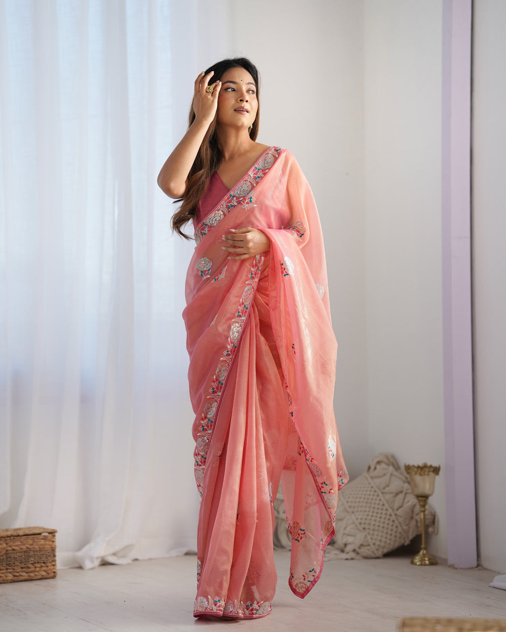 Jyoti Fashion Women's Peach Net Sequins Embroidered Designer Saree with Blouse