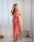 Jyoti Fashion Women's Peach Net Sequins Embroidered Designer Saree with Blouse