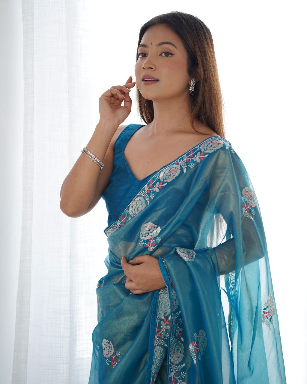 Jyoti Fashion Women's Blue Net Sequins Embroidered Designer Saree with Blouse