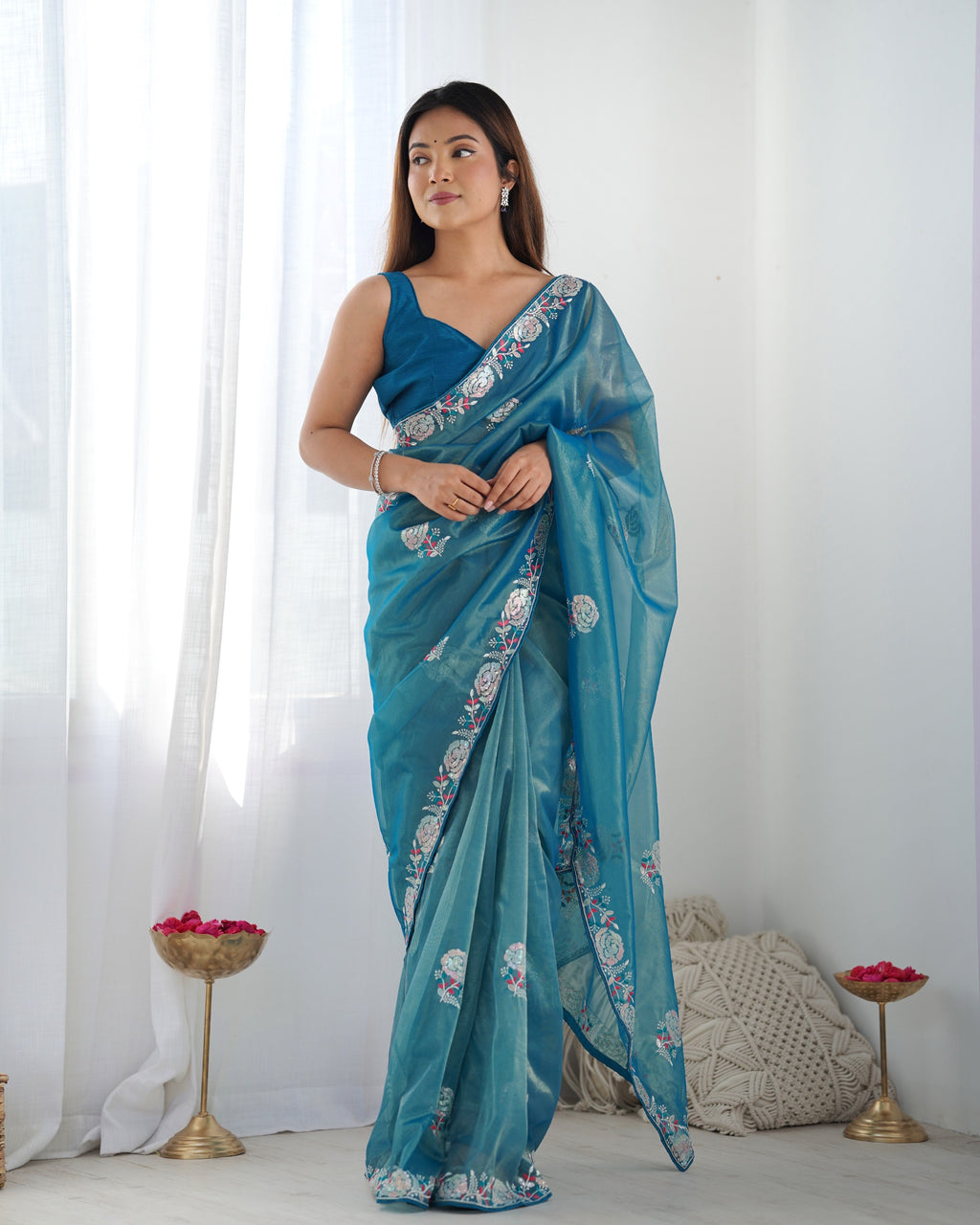 Jyoti Fashion Women's Blue Net Sequins Embroidered Designer Saree with Blouse