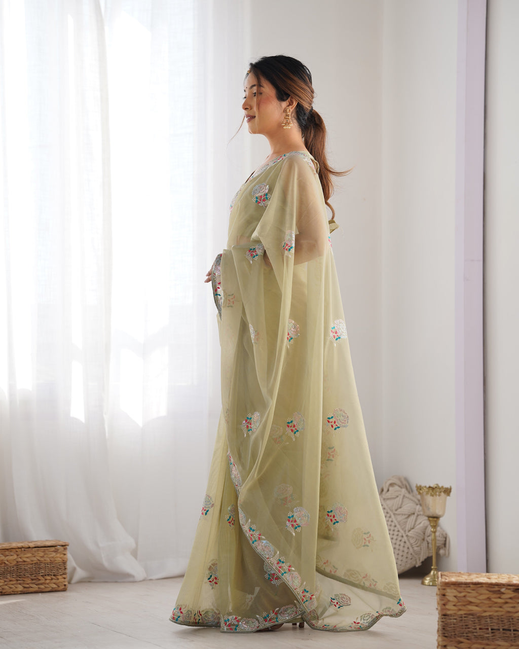 Jyoti Fashion Women's Pista Green Net Sequins Embroidered Designer Saree with Blouse