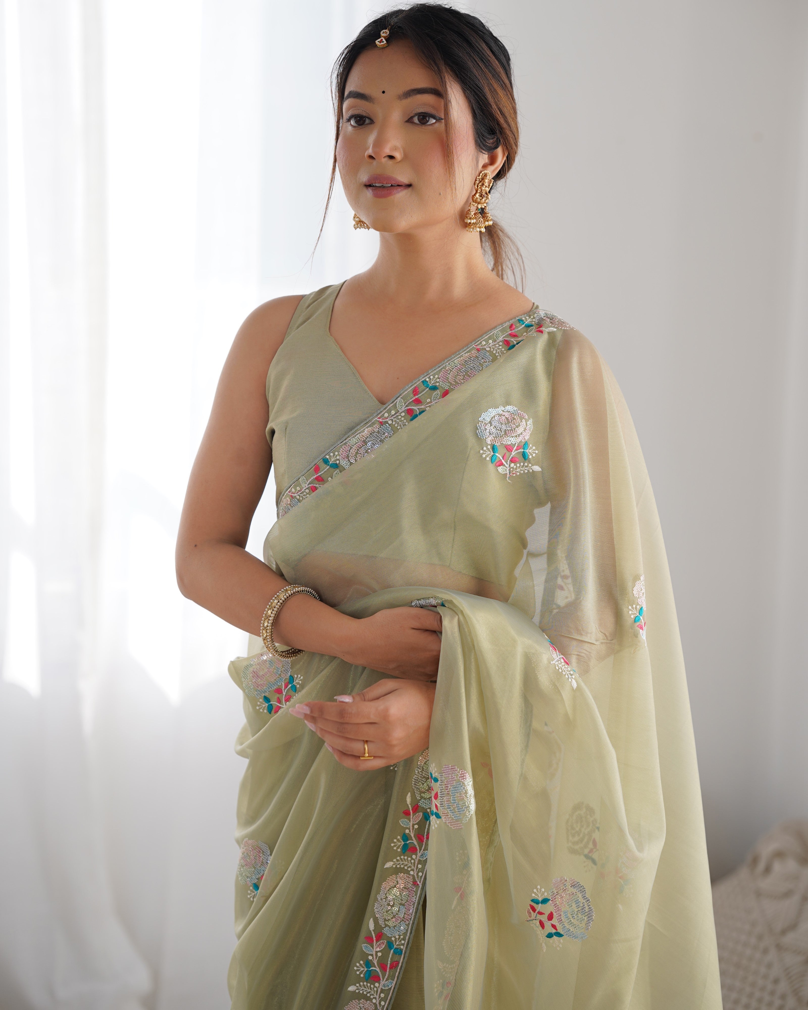 Jyoti Fashion Women's Pista Green Net Sequins Embroidered Designer Saree with Blouse