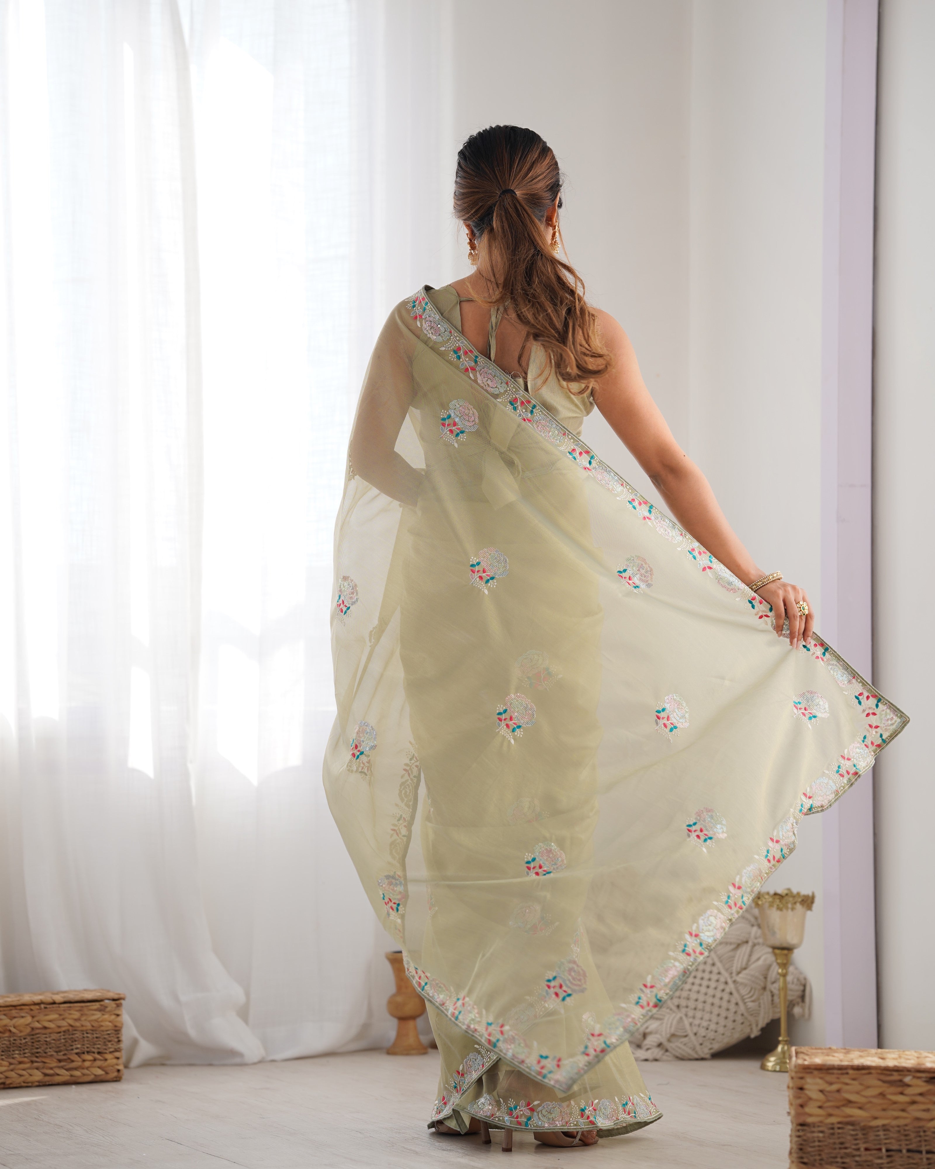 Jyoti Fashion Women's Pista Green Net Sequins Embroidered Designer Saree with Blouse