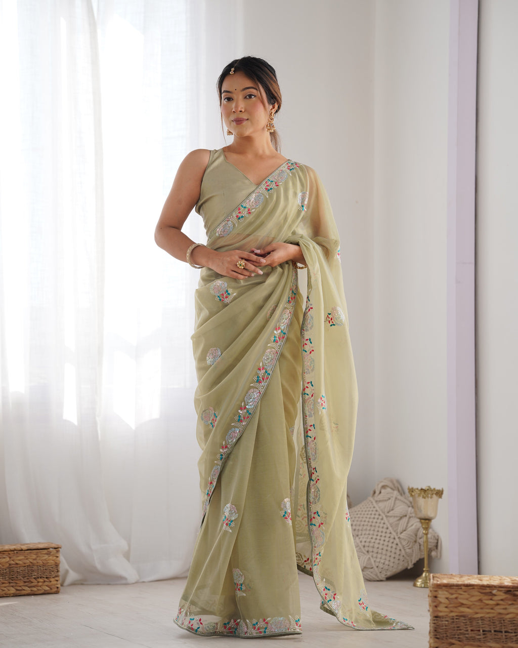 Jyoti Fashion Women's Pista Green Net Sequins Embroidered Designer Saree with Blouse