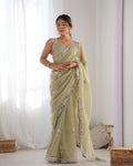 Jyoti Fashion Women's Pista Green Net Sequins Embroidered Designer Saree with Blouse