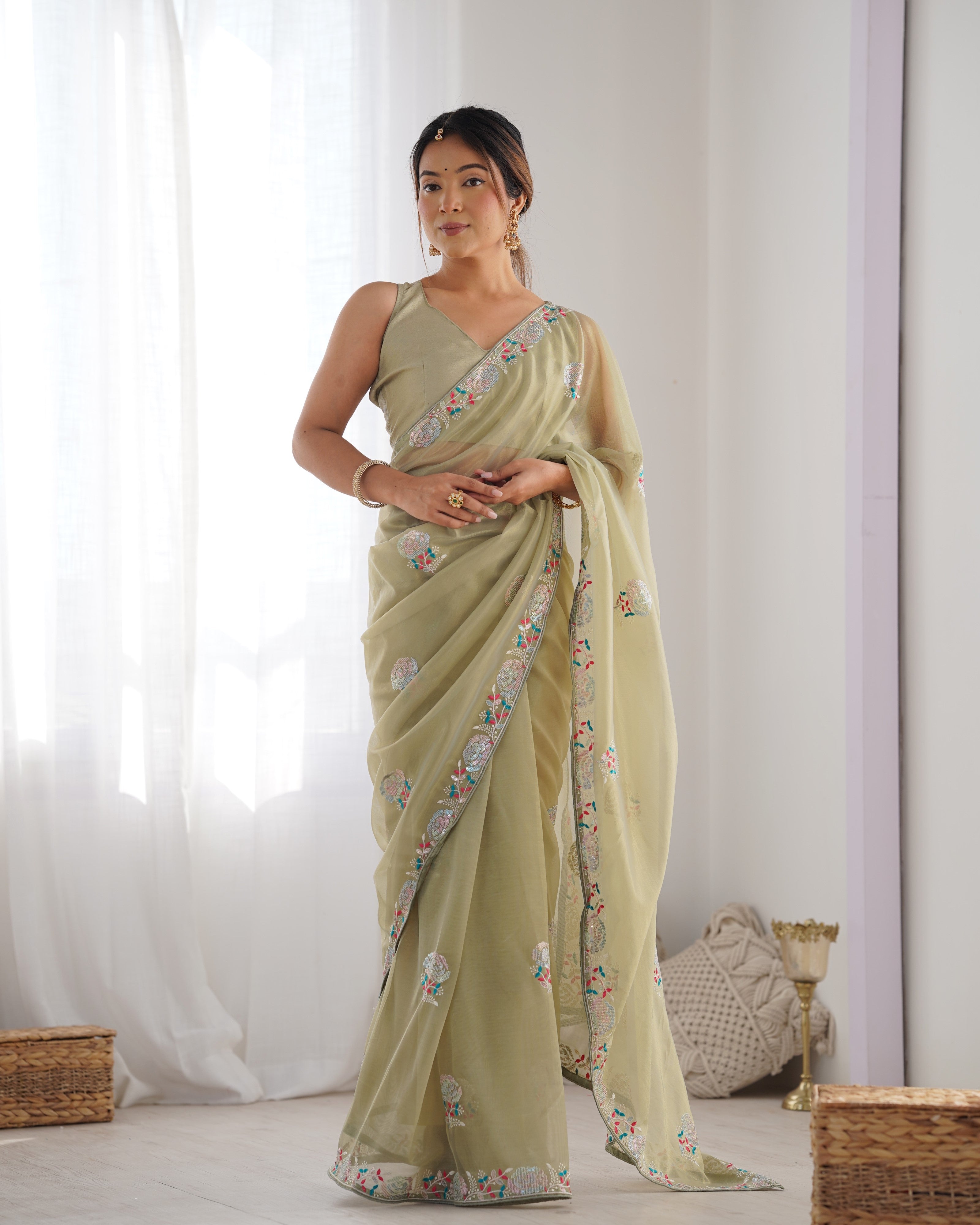 Jyoti Fashion Women's Pista Green Net Sequins Embroidered Designer Saree with Blouse