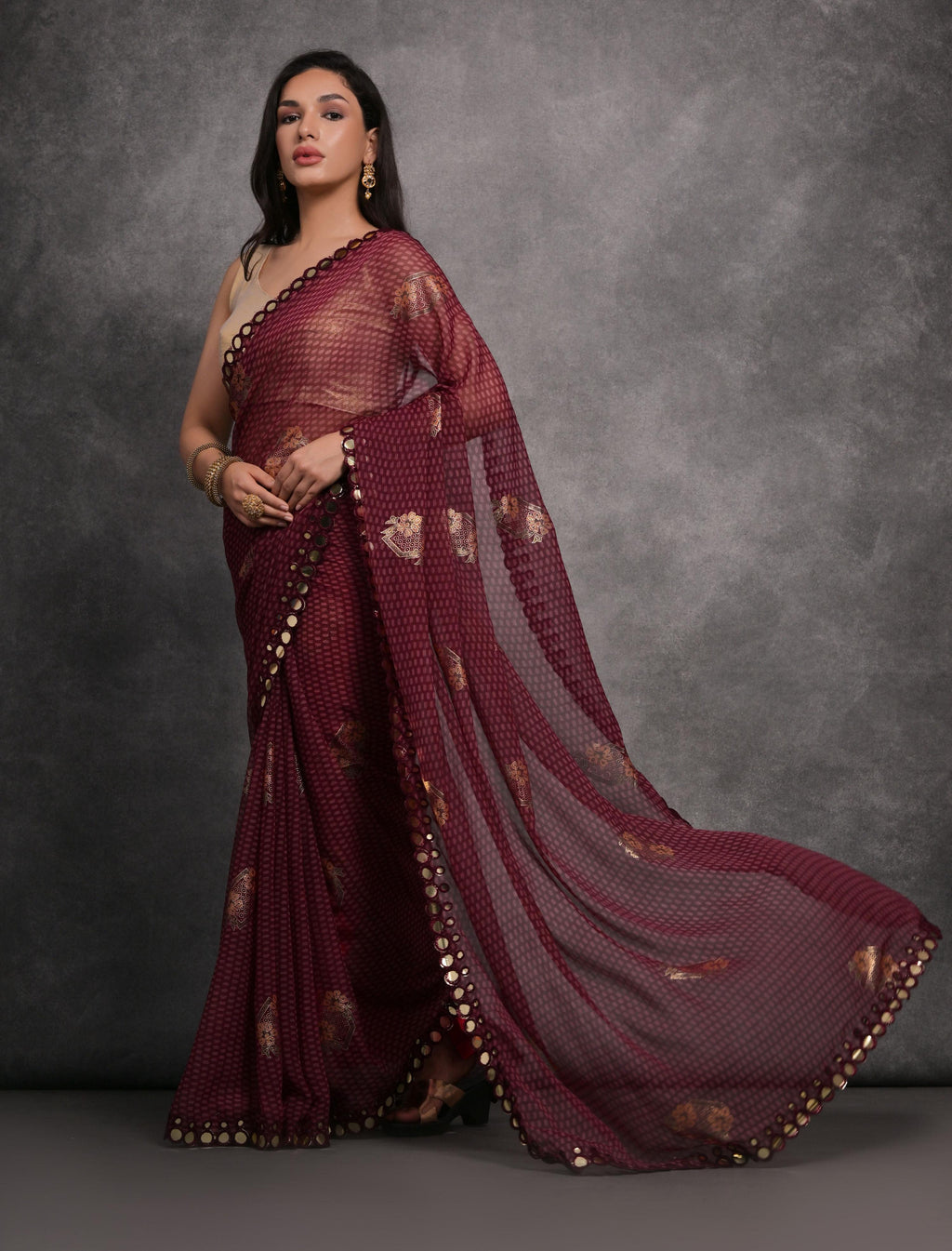 Jyoti Fashion Women's Maroon Chiffon Mirror Work Designer Saree with Blouse