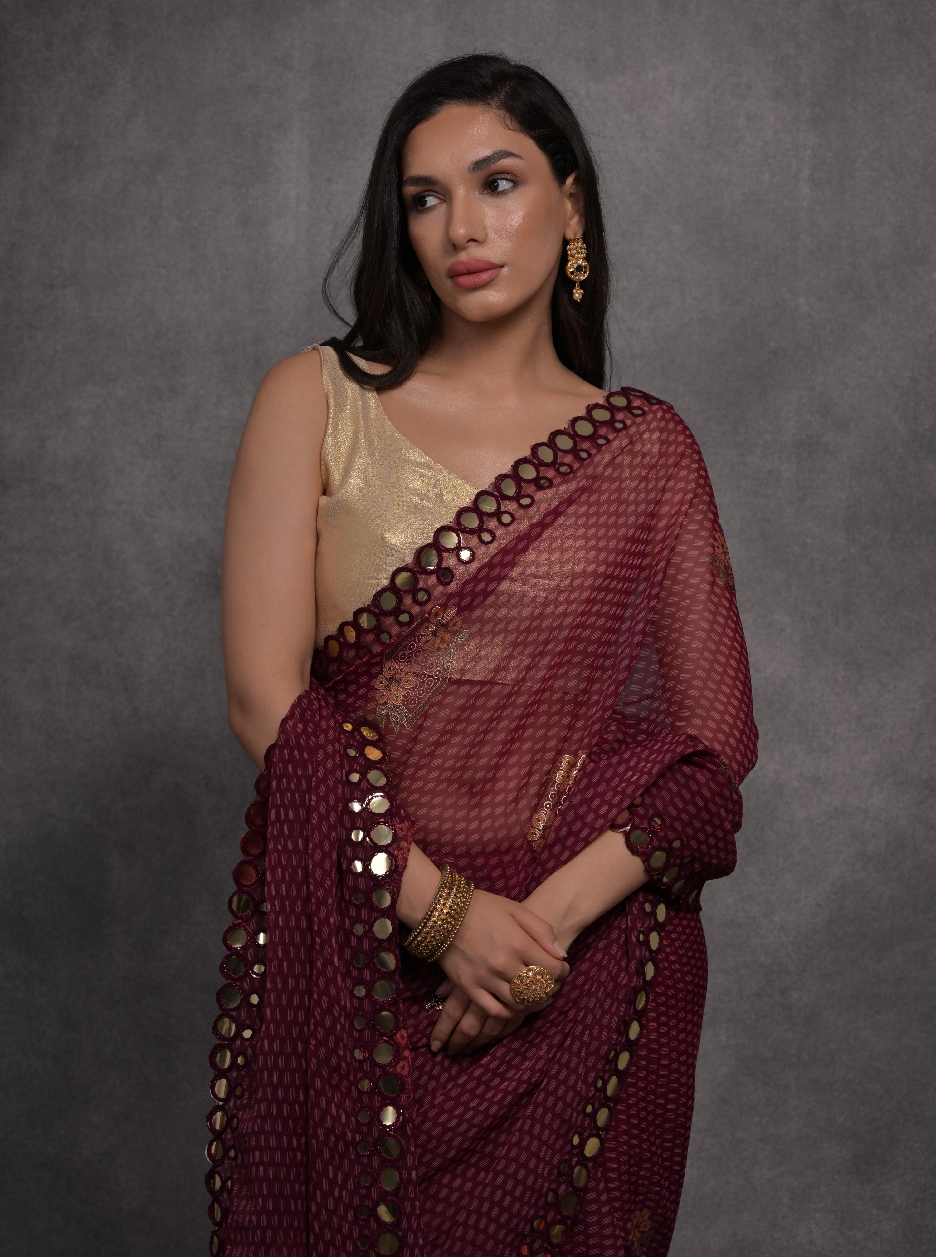 Jyoti Fashion Women's Maroon Chiffon Mirror Work Designer Saree with Blouse