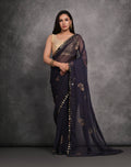 Jyoti Fashion Women's Navy Blue Chiffon Mirror Work Designer Saree with Blouse
