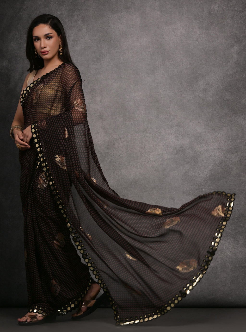 Jyoti Fashion Women's Black Chiffon Mirror Work Designer Saree with Blouse