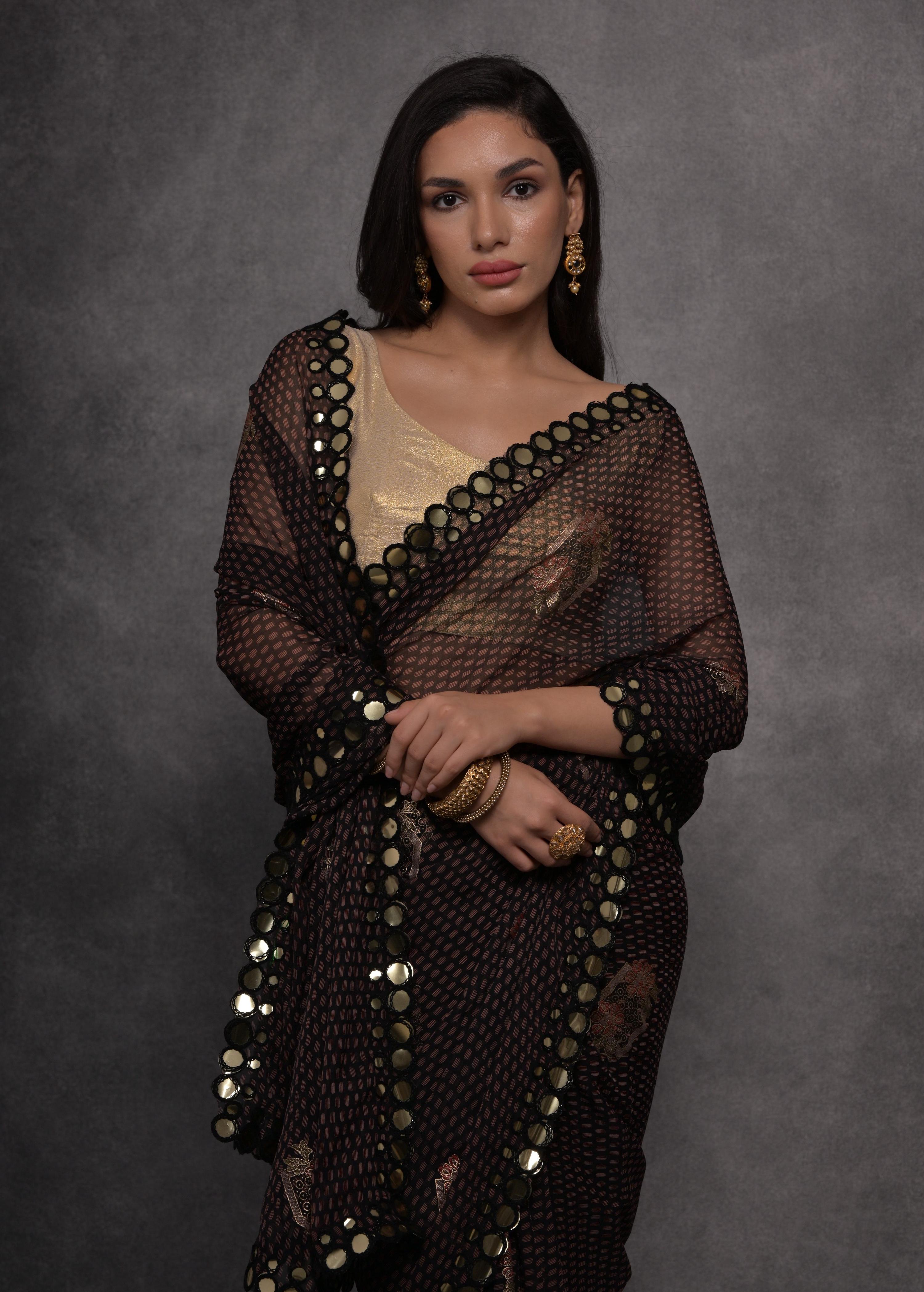 Jyoti Fashion Women's Black Chiffon Mirror Work Designer Saree with Blouse