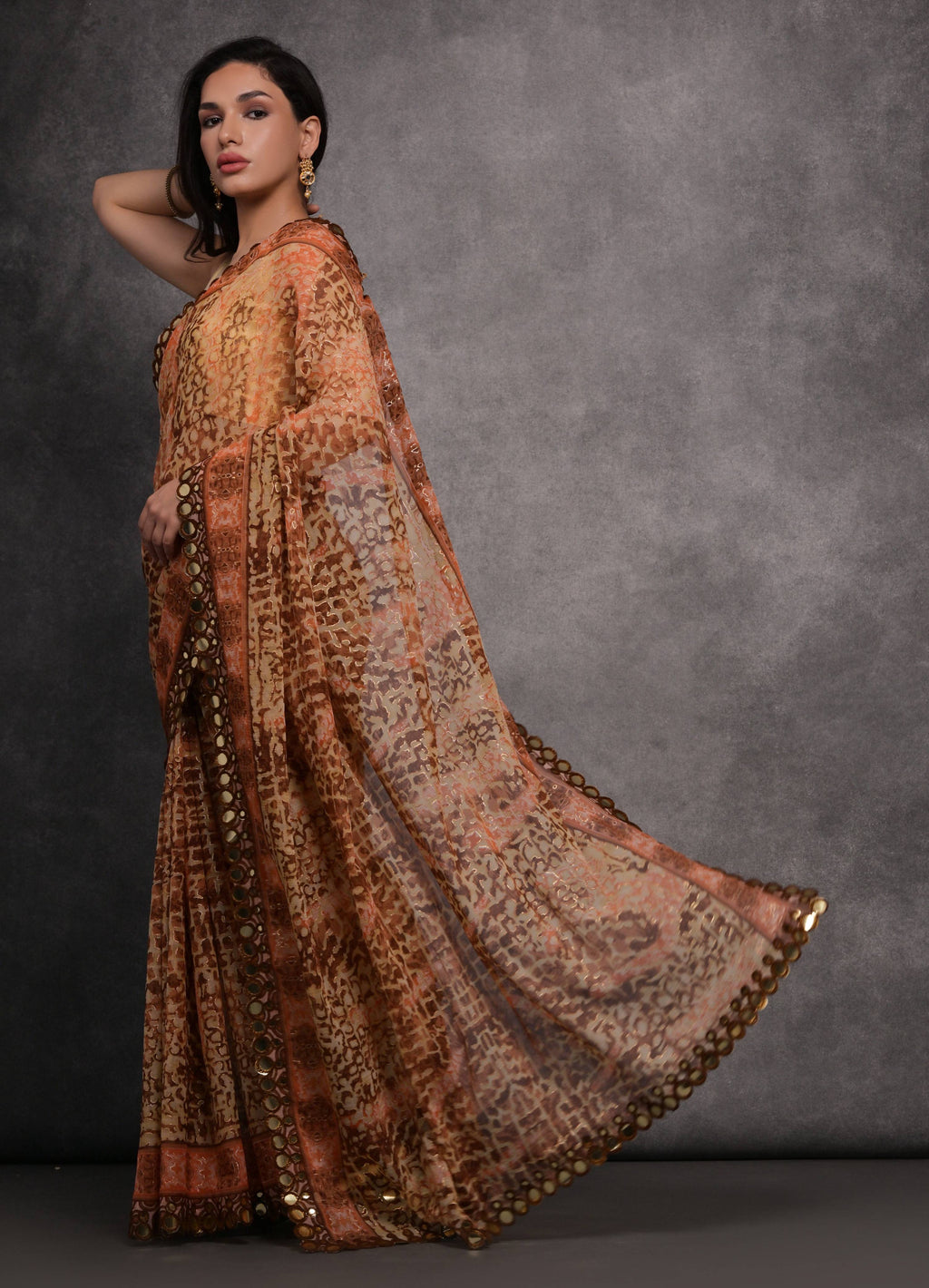 Jyoti Fashion Women's Brown Chiffon Mirror Work Designer Saree with Blouse