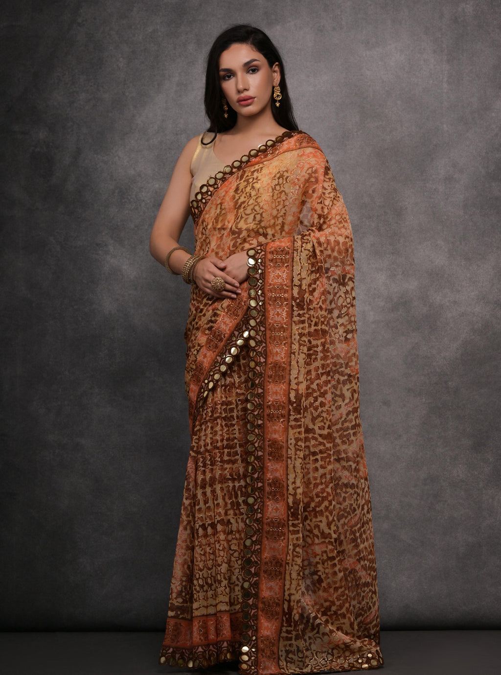 Jyoti Fashion Women's Brown Chiffon Mirror Work Designer Saree with Blouse