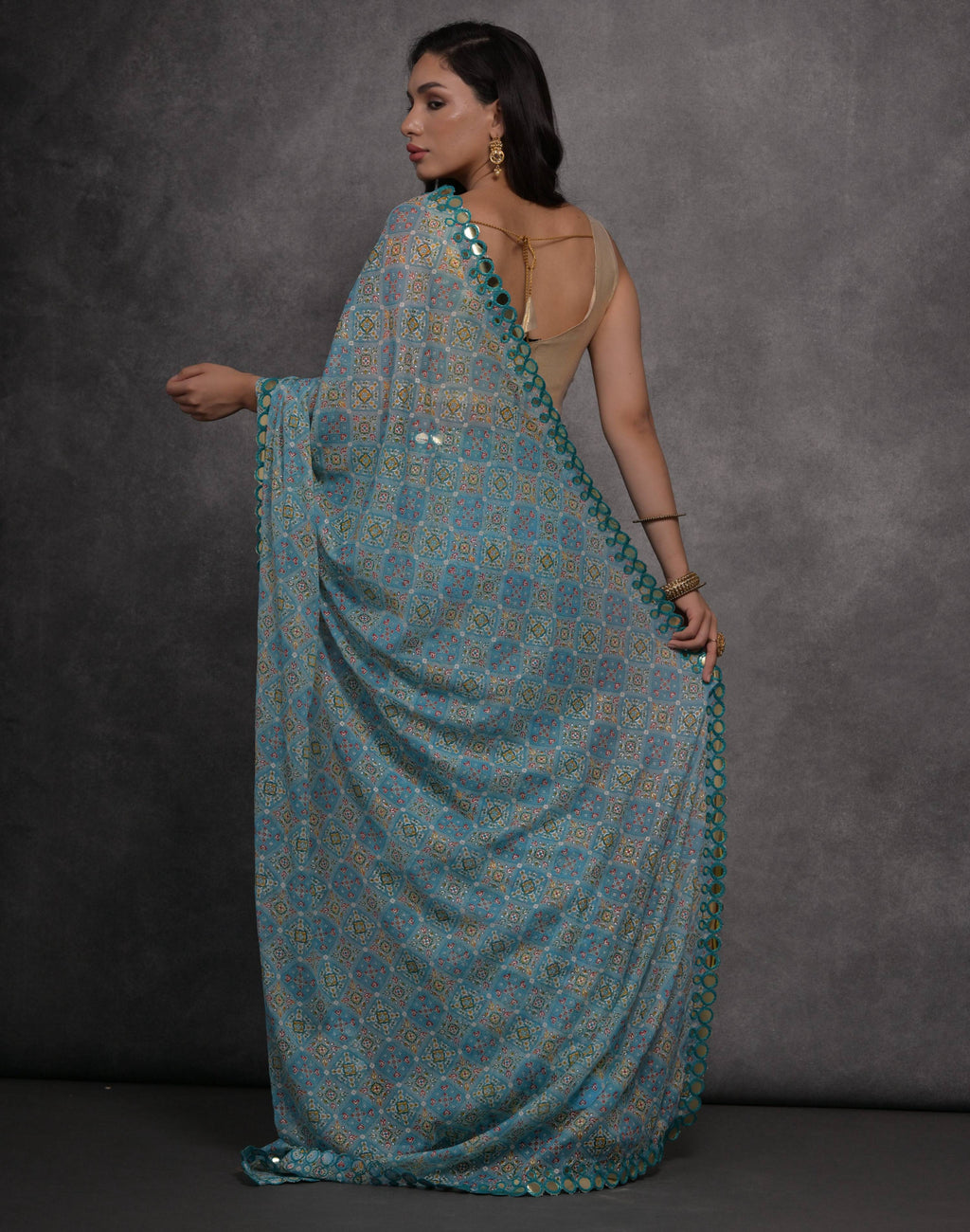 Jyoti Fashion Women's Sky Blue Chiffon Mirror Work Designer Saree with Blouse