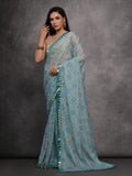 Jyoti Fashion Women's Sky Blue Chiffon Mirror Work Designer Saree with Blouse