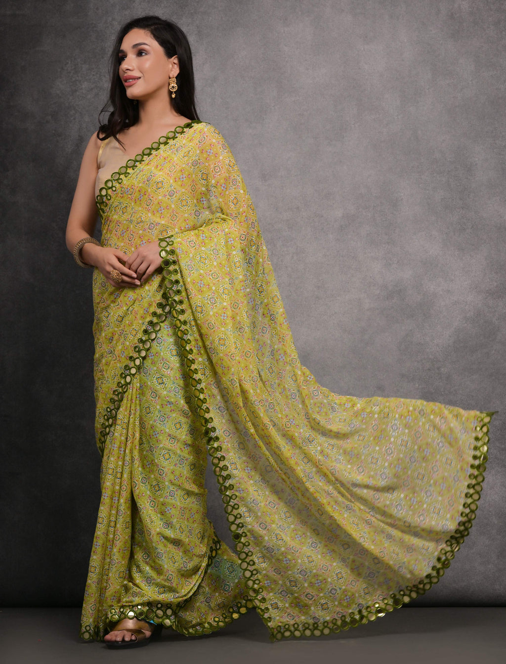 Jyoti Fashion Women's Mehendi Chiffon Mirror Work Designer Saree with Blouse