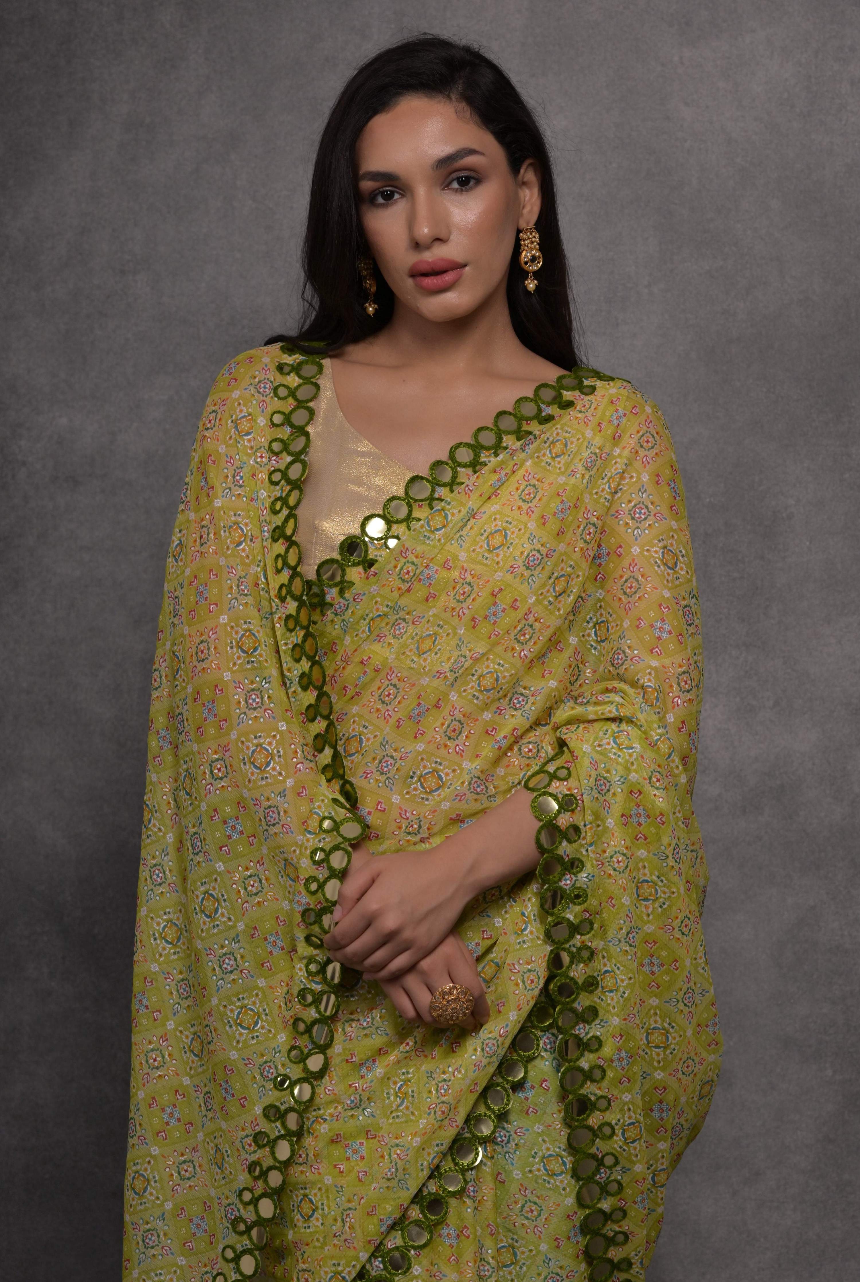 Jyoti Fashion Women's Mehendi Chiffon Mirror Work Designer Saree with Blouse
