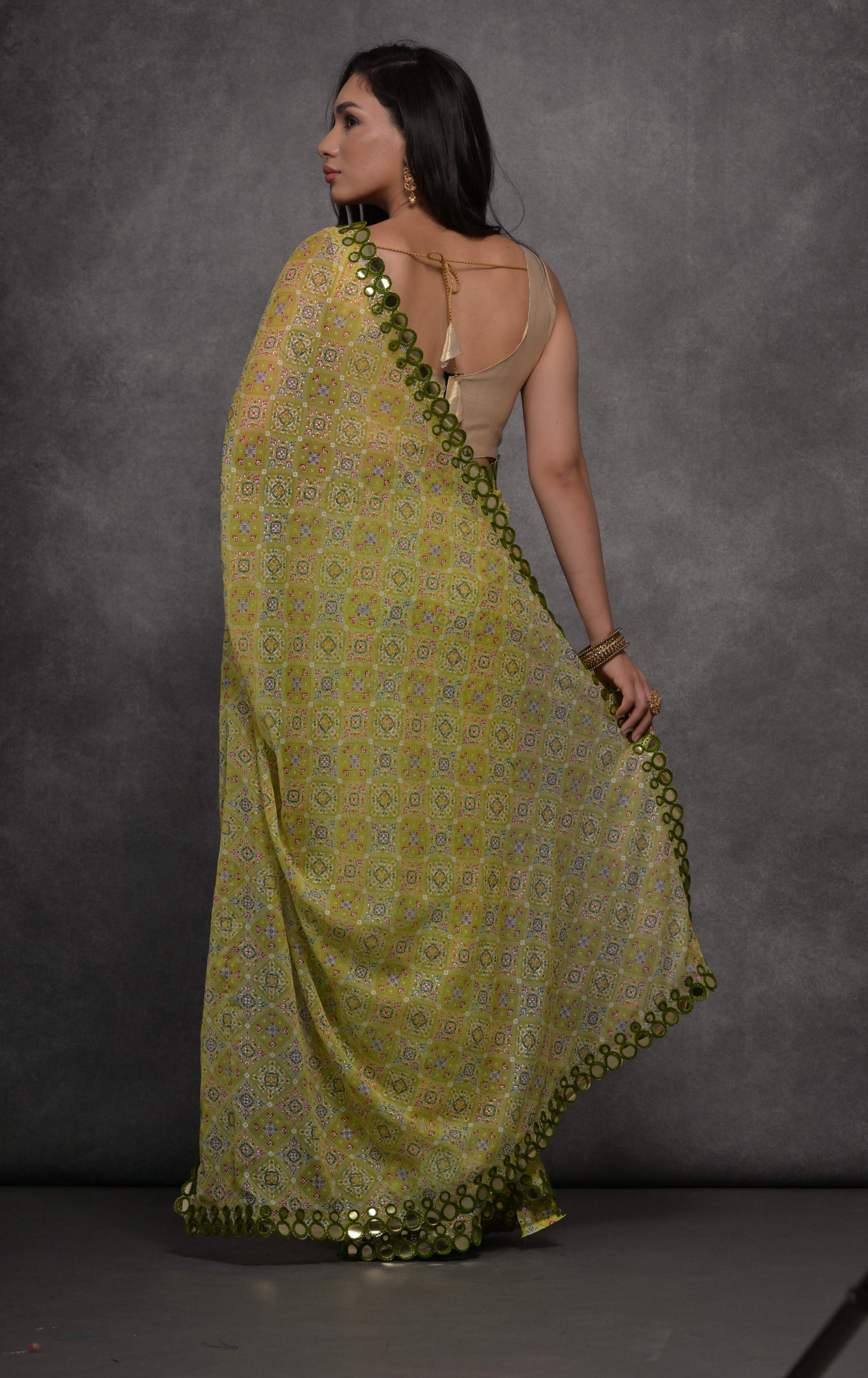 Jyoti Fashion Women's Mehendi Chiffon Mirror Work Designer Saree with Blouse