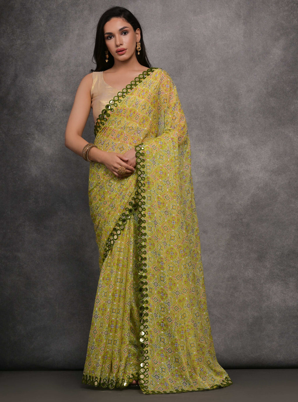 Jyoti Fashion Women's Mehendi Chiffon Mirror Work Designer Saree with Blouse