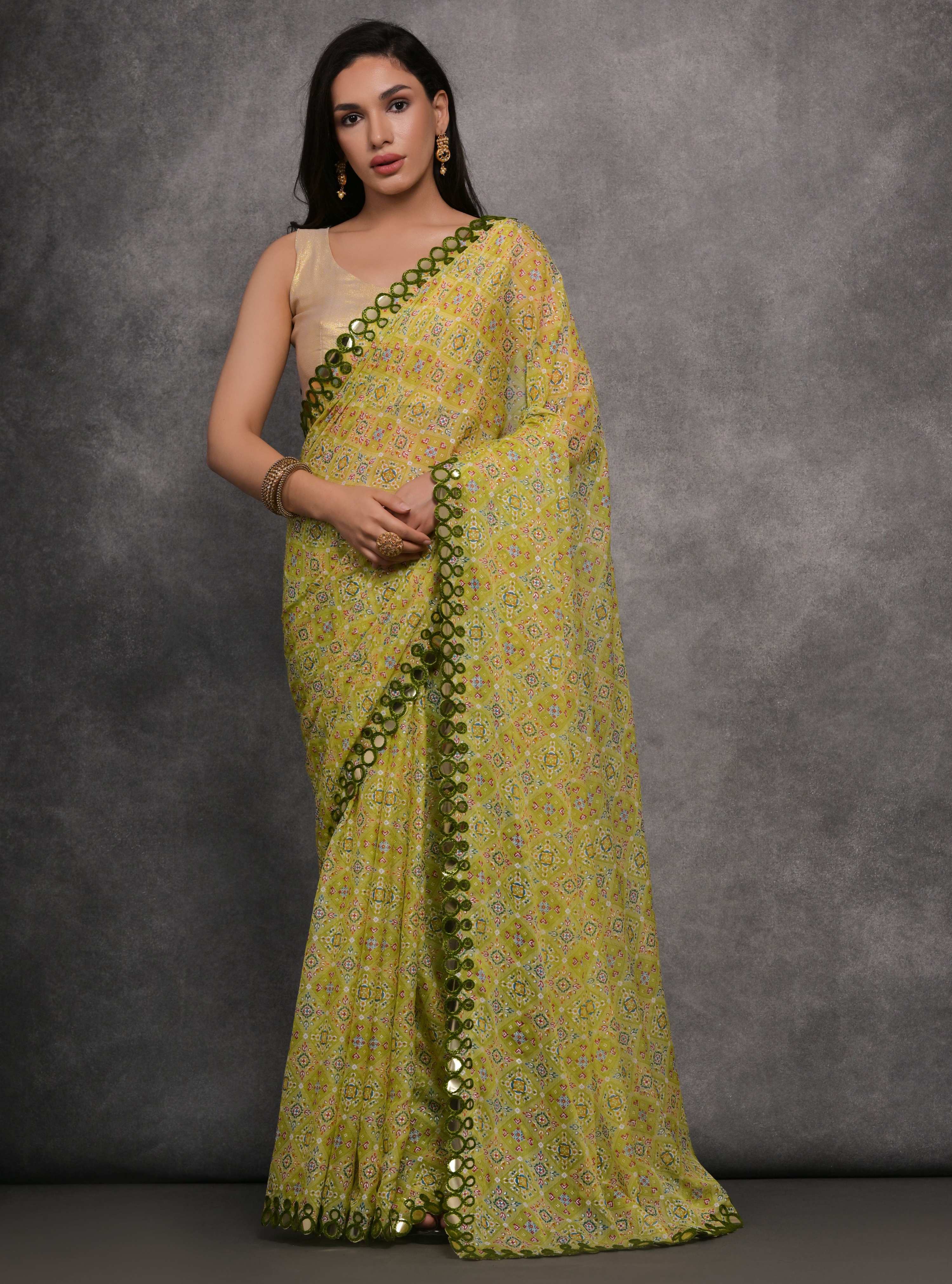 Jyoti Fashion Women's Mehendi Chiffon Mirror Work Designer Saree with Blouse