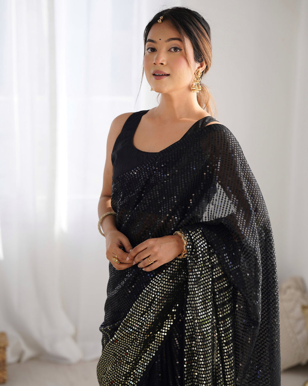 Jyoti Fashion Women's Black Georgette Sequins Designer Saree with Blouse