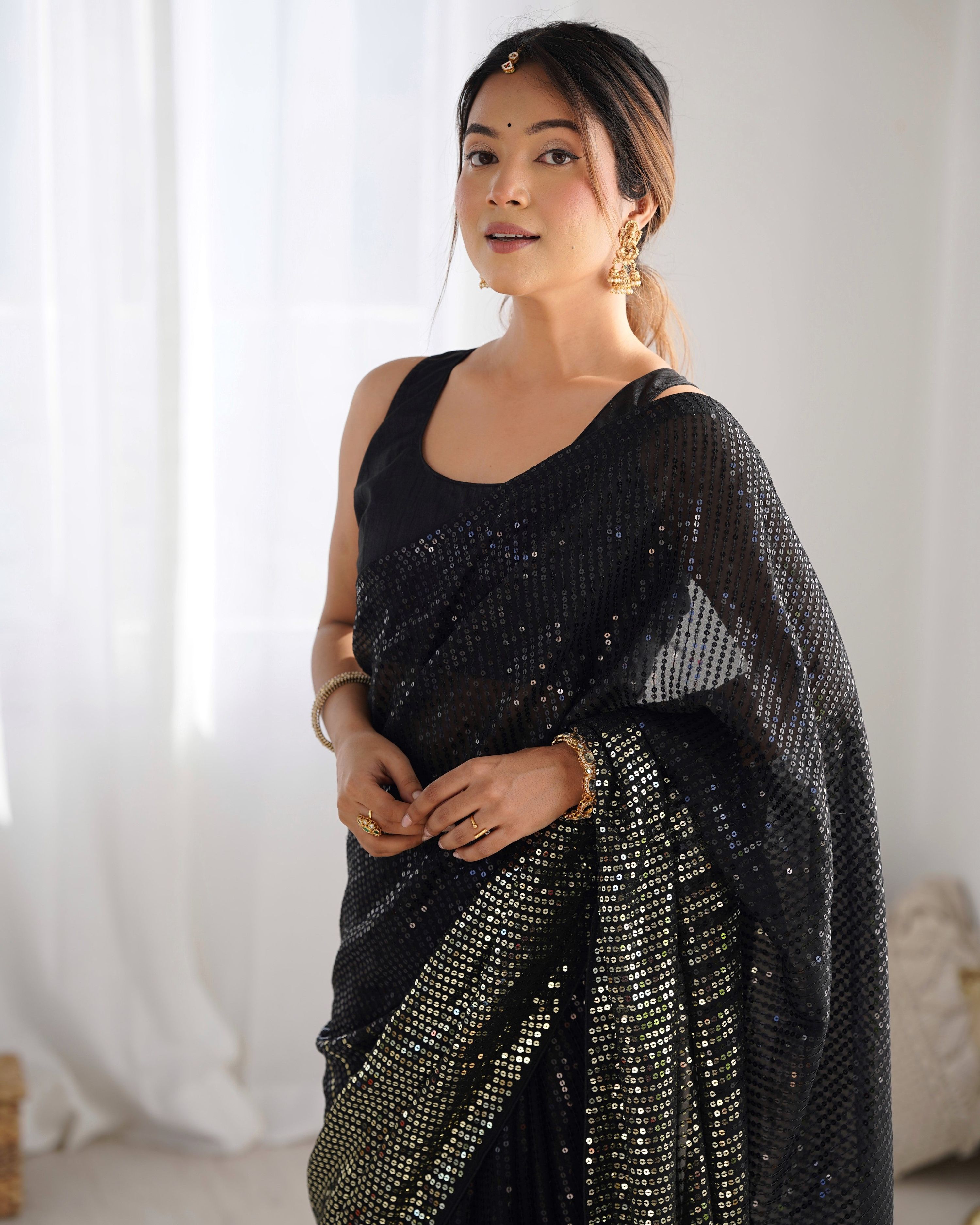 Jyoti Fashion Women's Black Georgette Sequins Designer Saree with Blouse