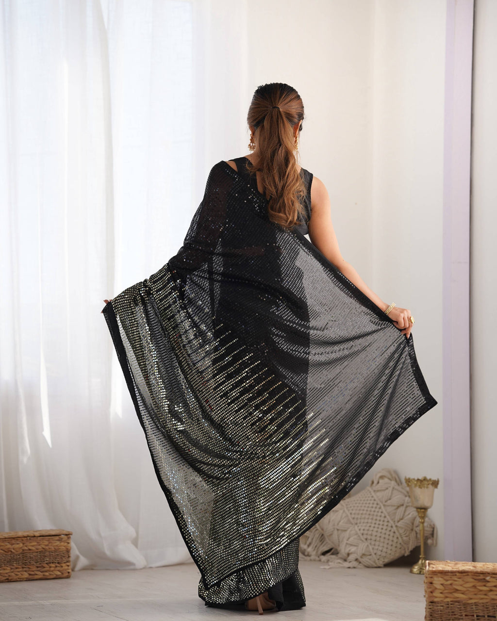 Jyoti Fashion Women's Black Georgette Sequins Designer Saree with Blouse