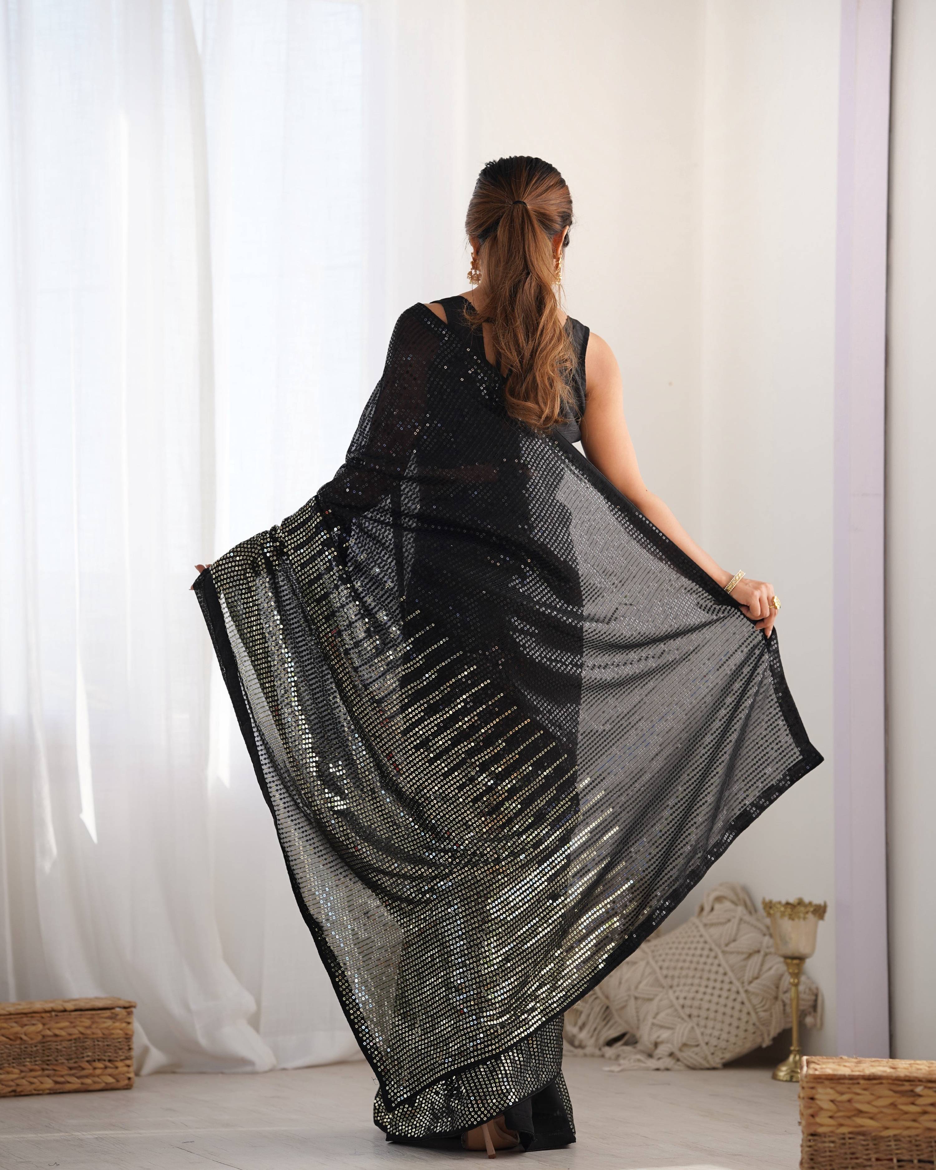 Jyoti Fashion Women's Black Georgette Sequins Designer Saree with Blouse