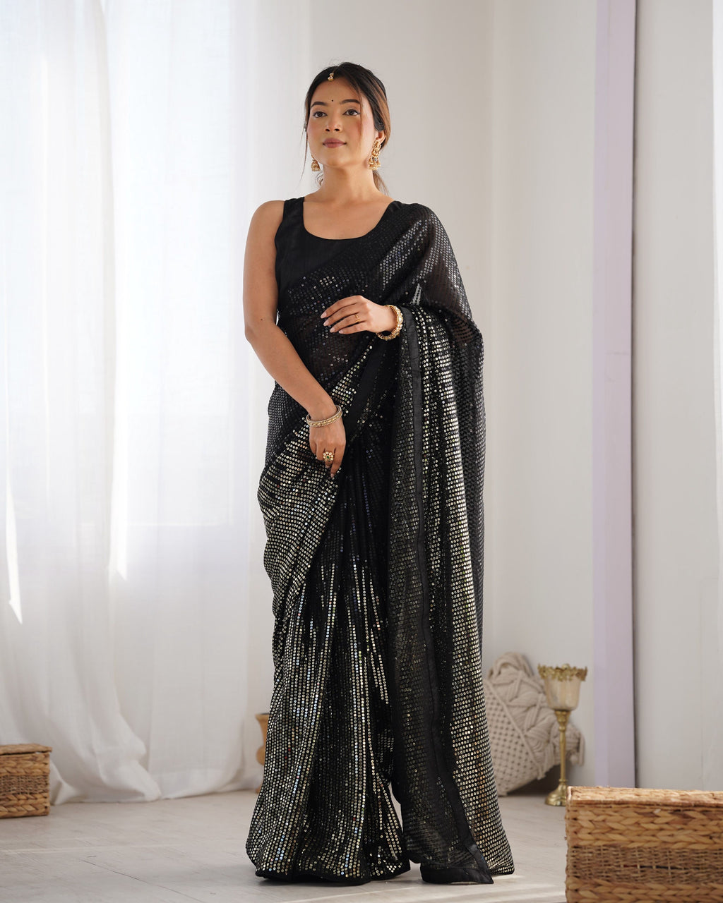 Jyoti Fashion Women's Black Georgette Sequins Designer Saree with Blouse