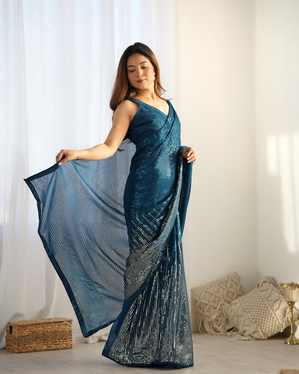 Jyoti Fashion Women's Teal Georgette Sequins Designer Saree with Blouse