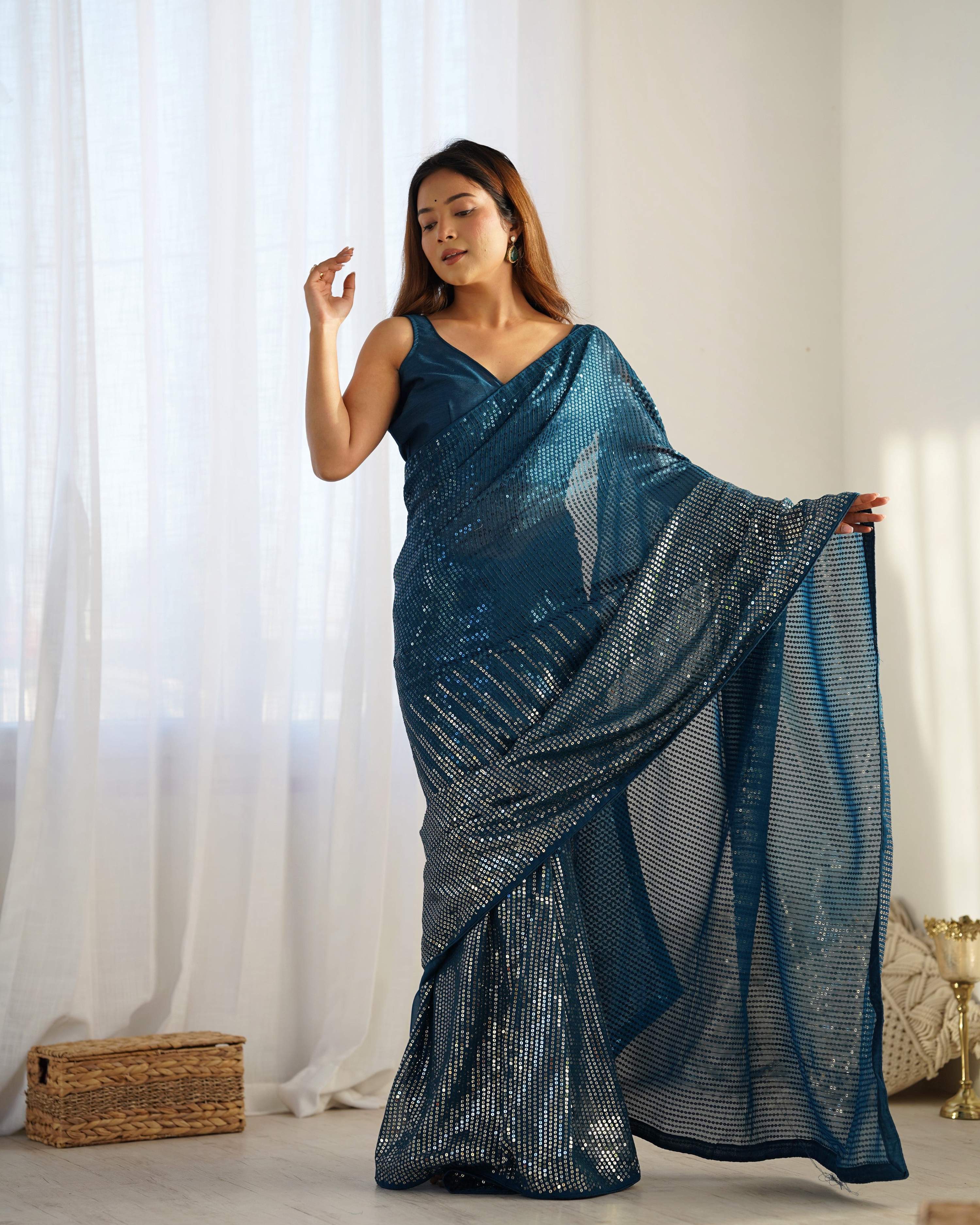 Jyoti Fashion Women's Teal Georgette Sequins Designer Saree with Blouse