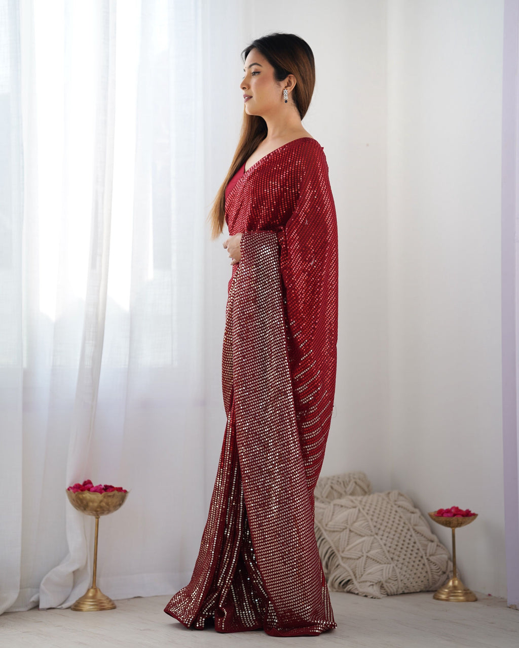 Jyoti Fashion Women's Maroon Georgette Sequins Designer Saree with Blouse