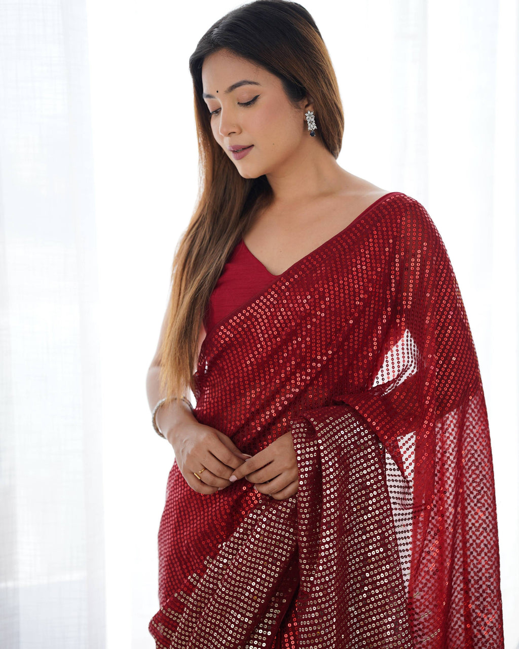 Jyoti Fashion Women's Maroon Georgette Sequins Designer Saree with Blouse