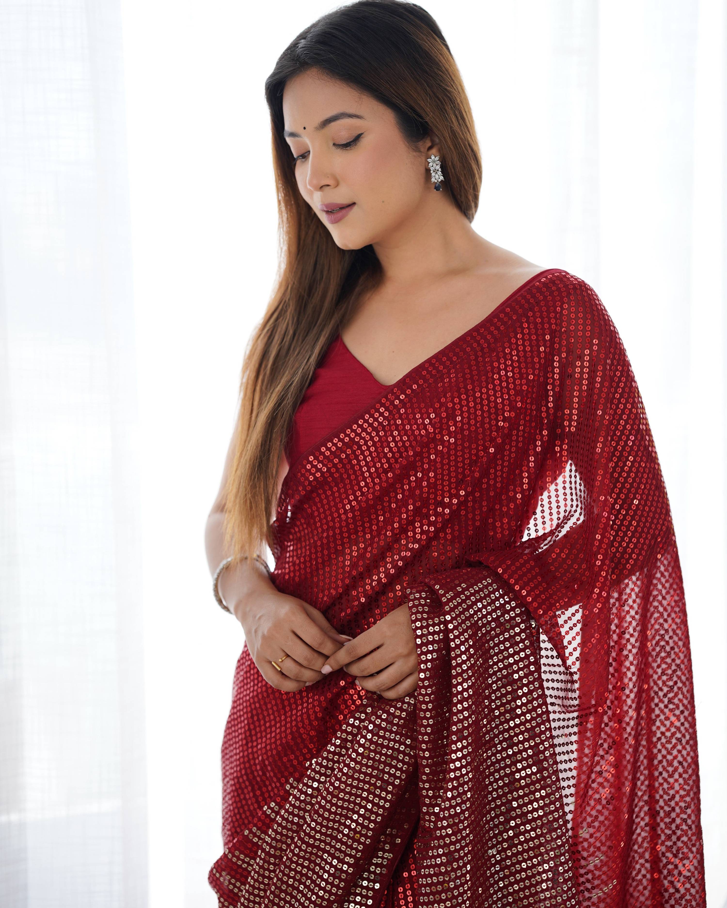Jyoti Fashion Women's Maroon Georgette Sequins Designer Saree with Blouse