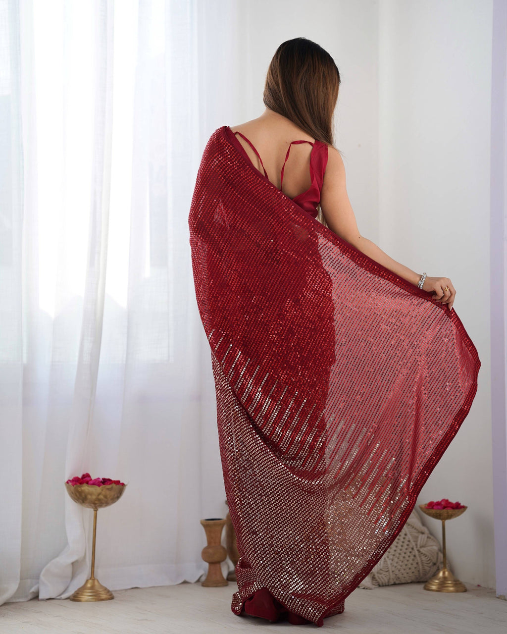 Jyoti Fashion Women's Maroon Georgette Sequins Designer Saree with Blouse