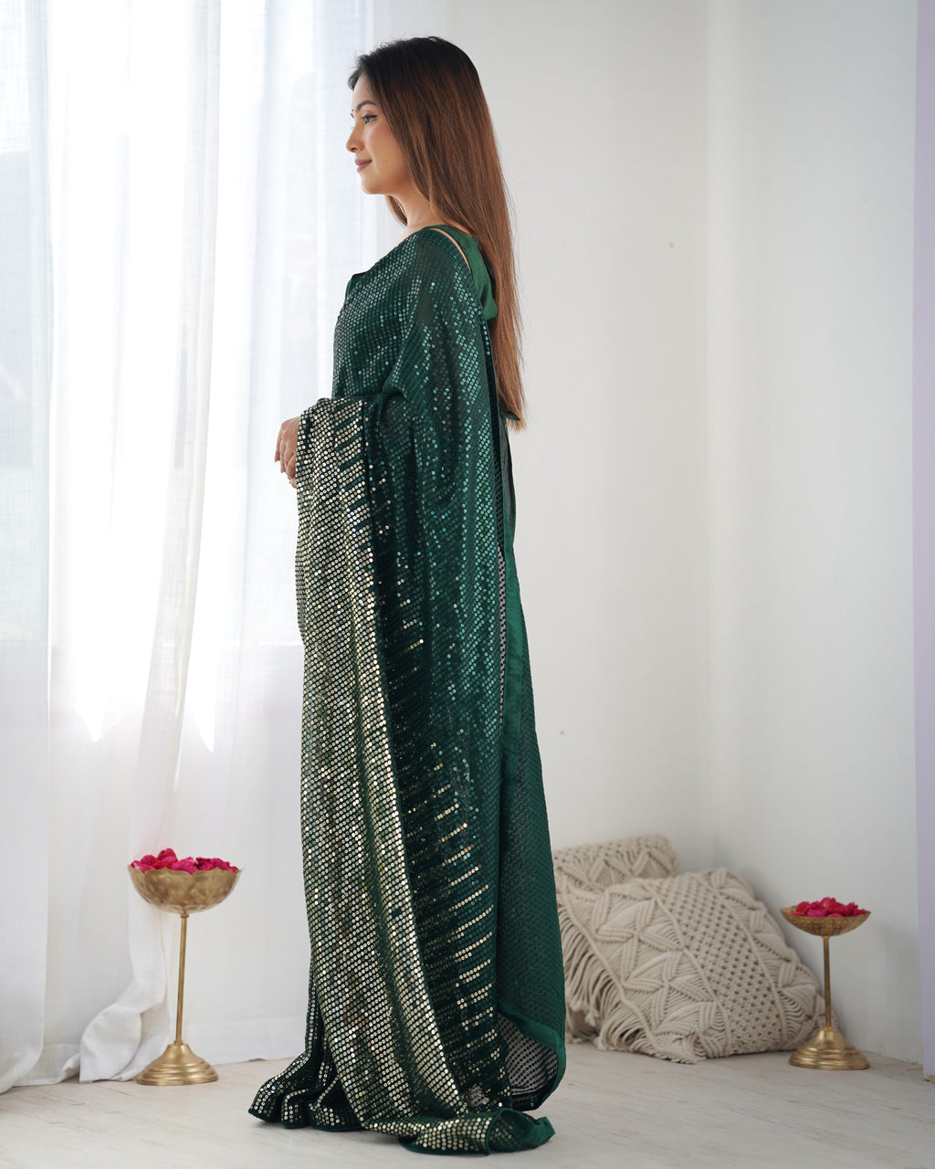 Jyoti Fashion Women's Bottle Green Georgette Sequins Designer Saree with Blouse