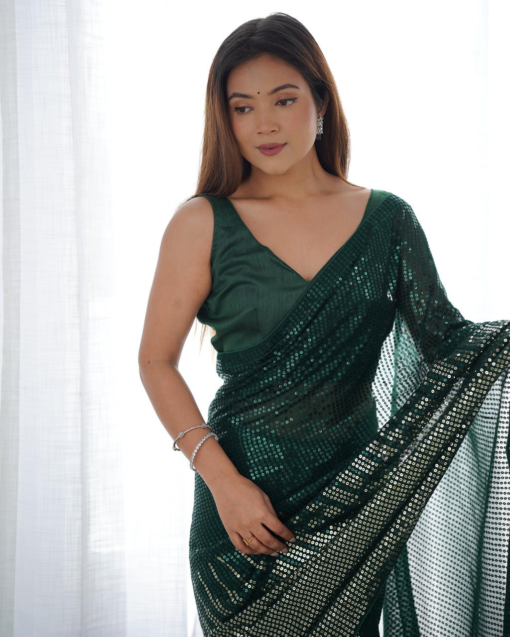 Jyoti Fashion Women's Bottle Green Georgette Sequins Designer Saree with Blouse