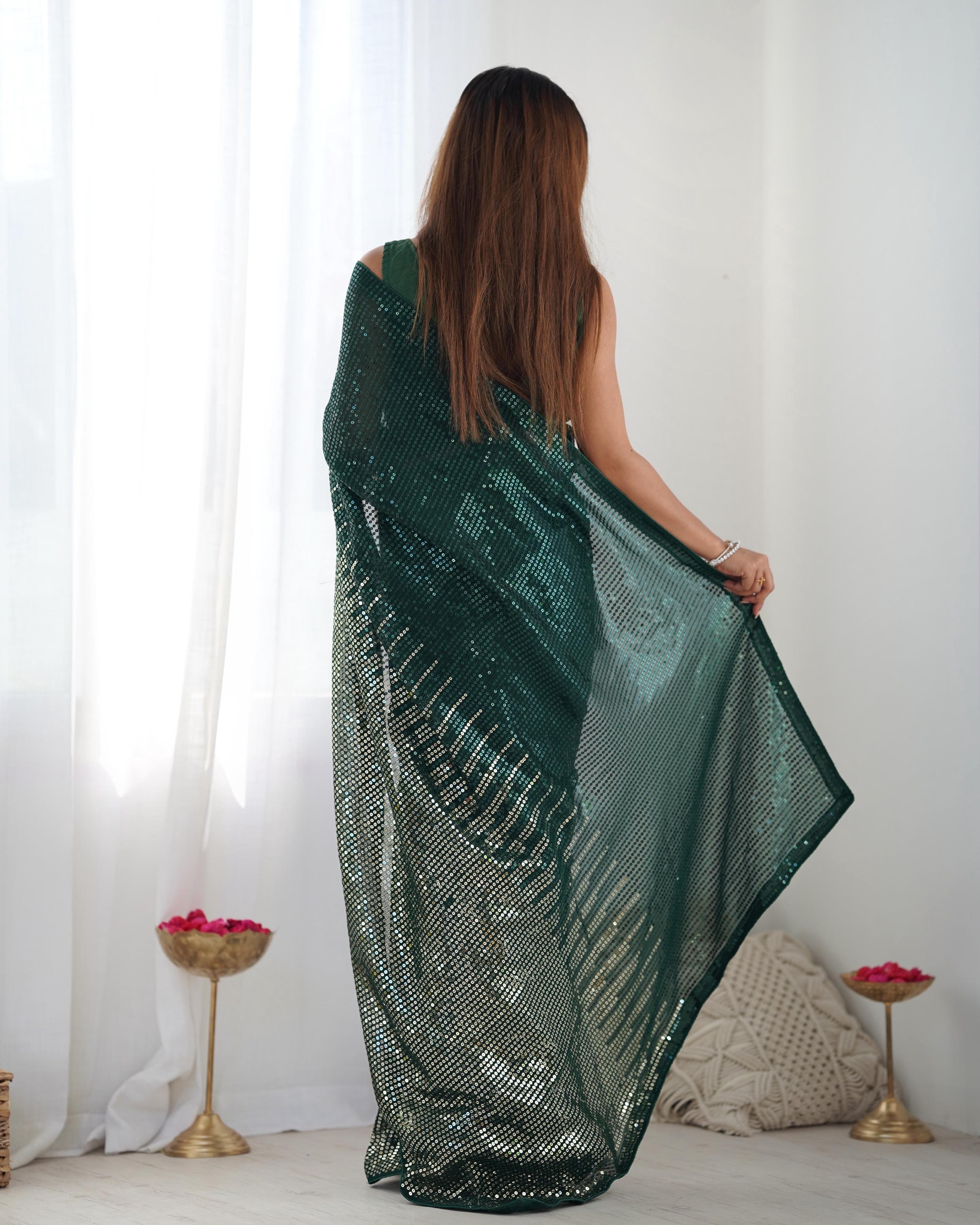 Jyoti Fashion Women's Bottle Green Georgette Sequins Designer Saree with Blouse