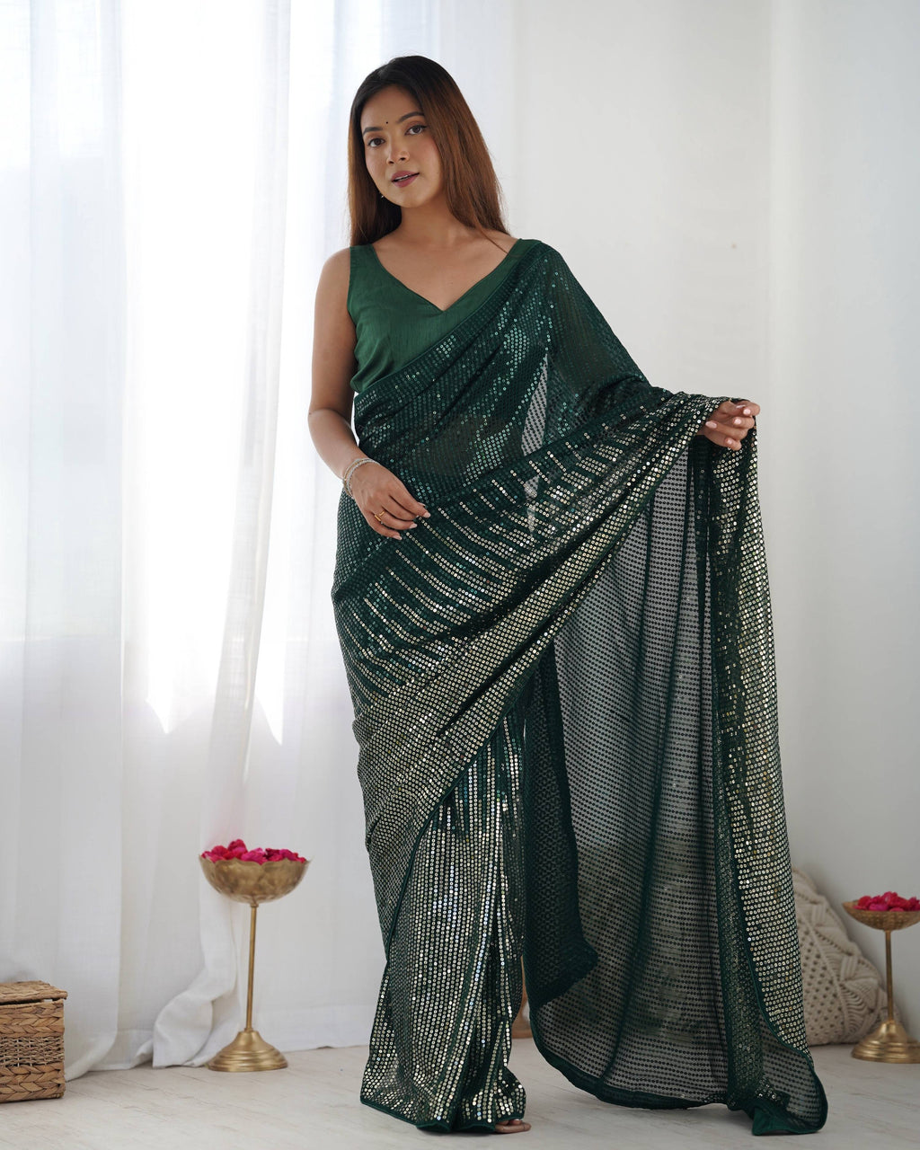 Jyoti Fashion Women's Bottle Green Georgette Sequins Designer Saree with Blouse
